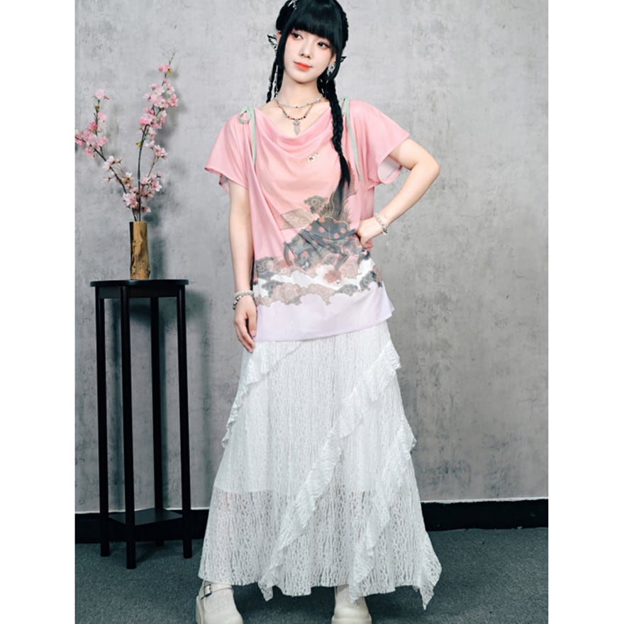 サブカル 服 地雷系 通販 チャイナ風服 古怪舎 シャツ メッシュ ゆったり 中華系ファッション夏服