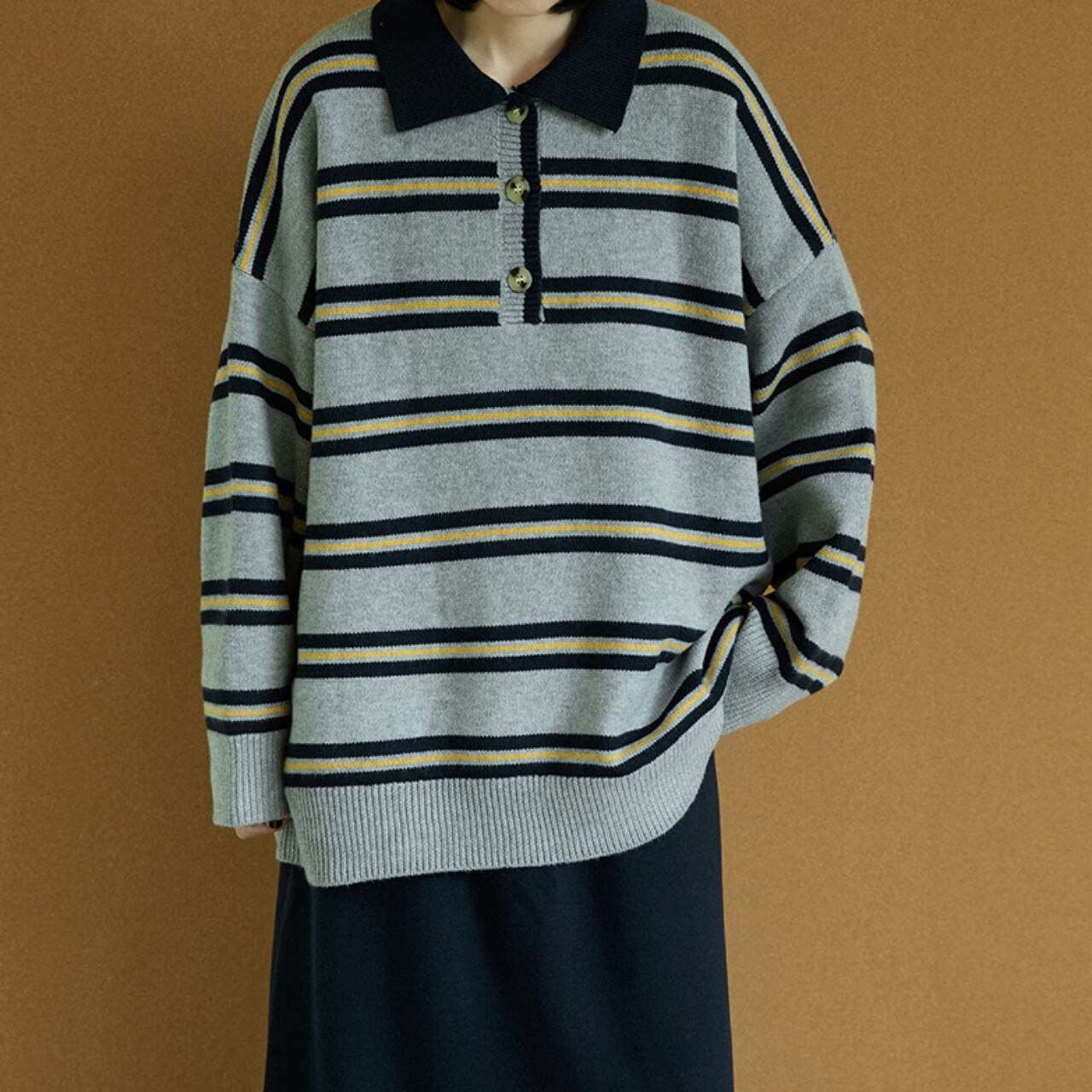 ポロカラーマルチボーダーニットプルオーバー A01981