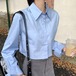 2024夏トップス シャツ 長袖 ボタン 襟 スタンダードカラー 丈短め 細見え 夏 ブルー 青 おしゃれ かわいい 韓国ファッション レディース お出かけ