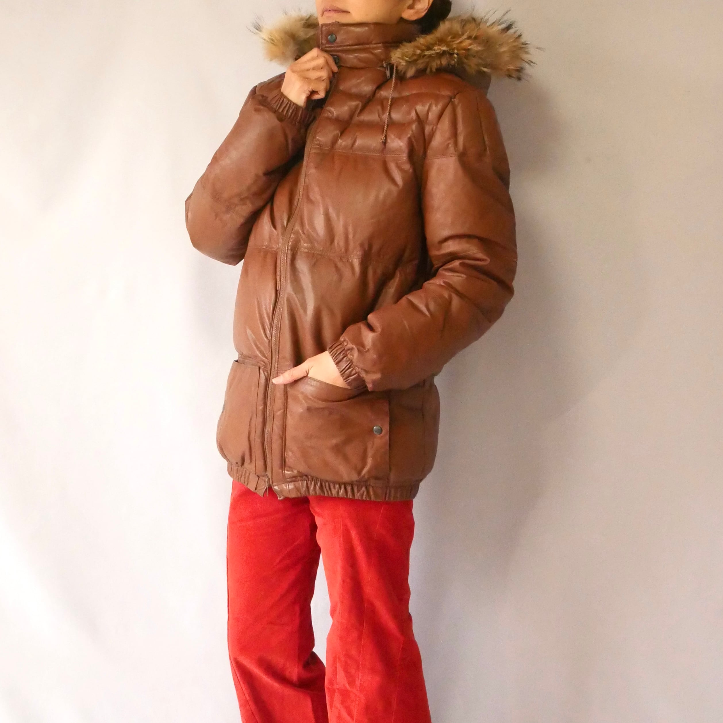ファーフード付きレザーダウンジャケット(LEATHER DOWN JACKET) 【公式 