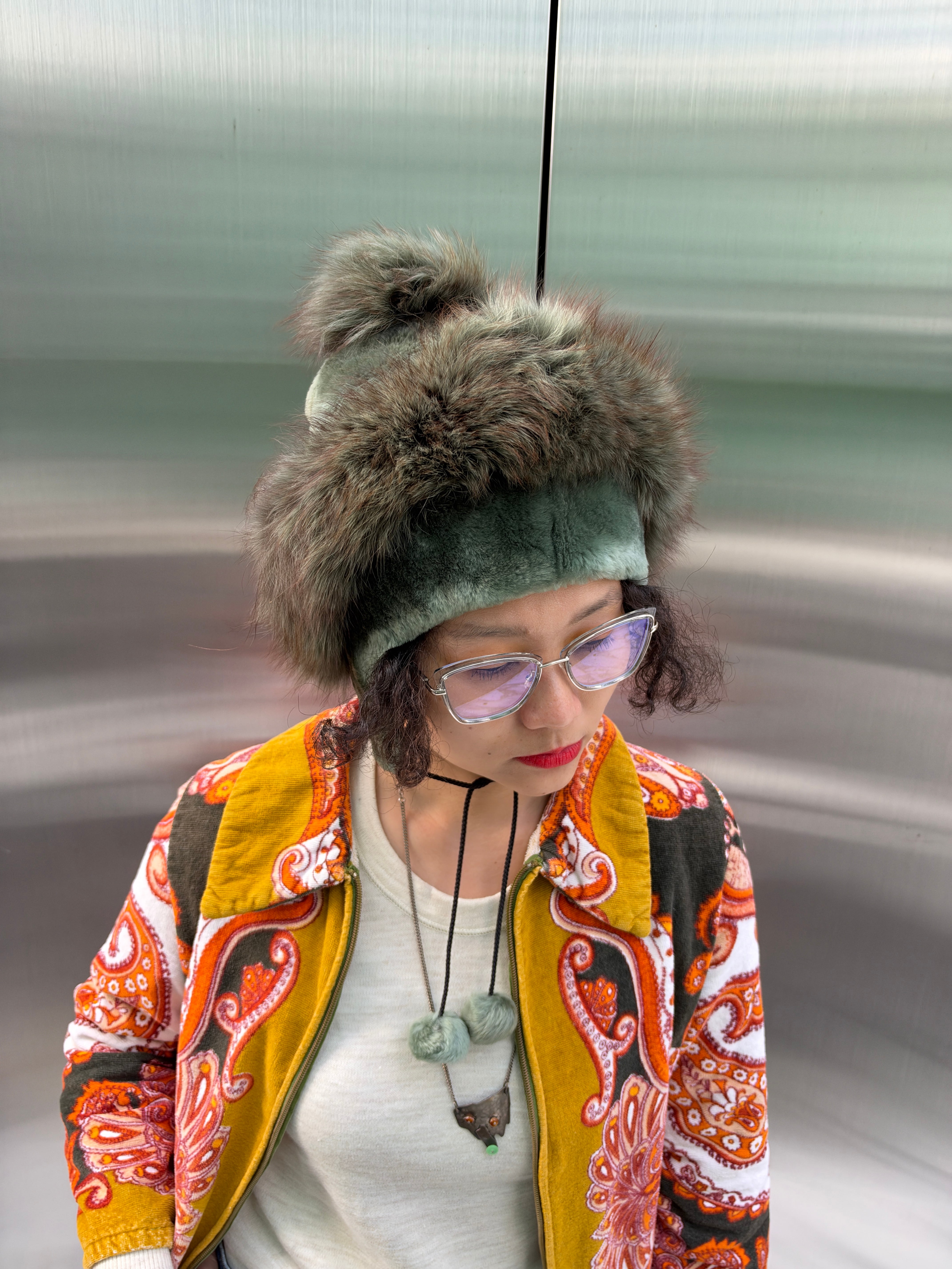 Vintage Uzbekistan moss green eco fur × fur hat