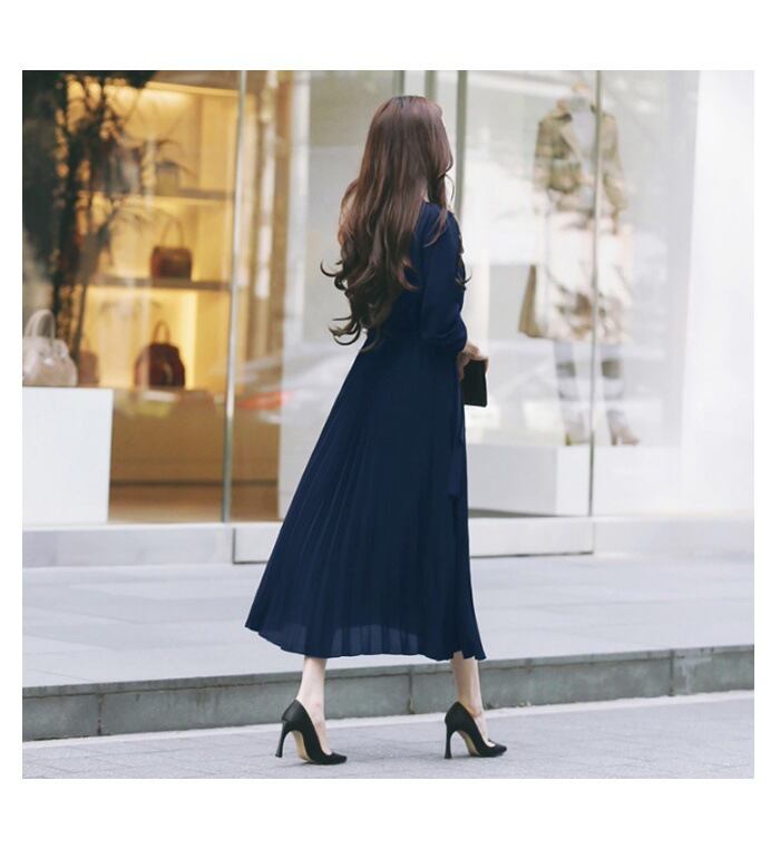 ハイネック プリーツ ロング ワンピース シャツワンピース フレア