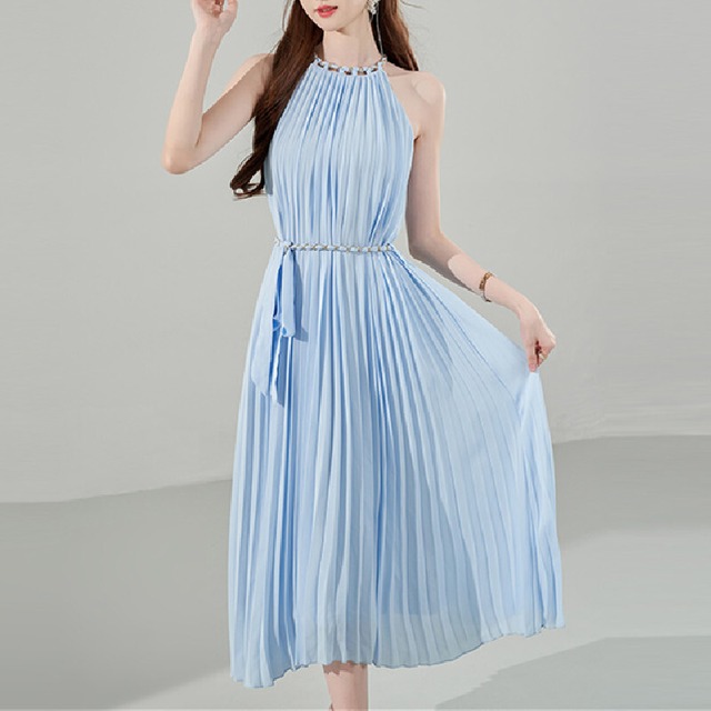 ✿評判販売中！【Airi Styleシリーズ】ワンピース ノースリーブ 水色 エレガント ライトブルー S M L