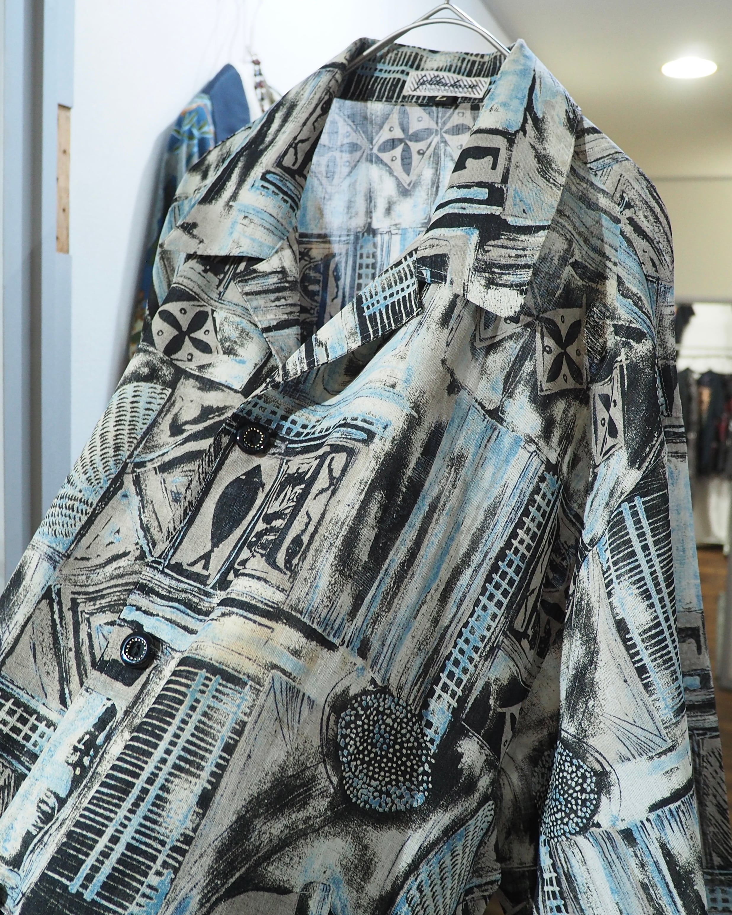 1980 - 90s Cold tone Ink painting vintage loose SS Open collar Shirt