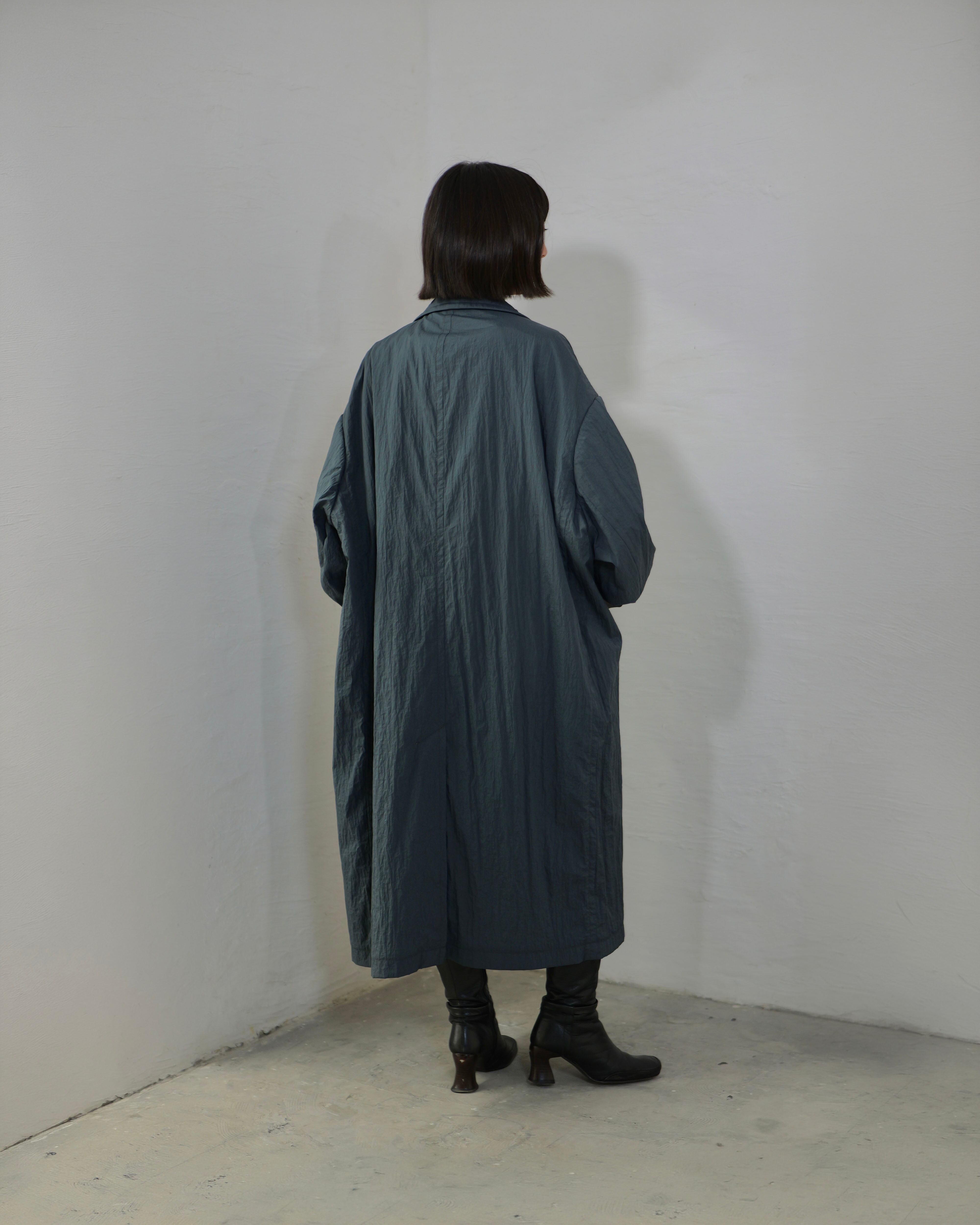 i'm here - Shrink Nylon Grandpa Coat ：Navy｜シュリンク凹凸