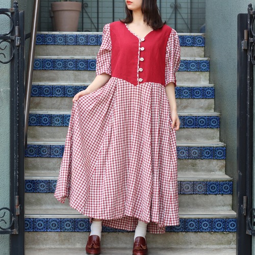 *SPECIAL ITEM* EU VINTAGE CHECK PATTERNED DIRNDL DESIGN TYROLEAN ONE PIECE/ヨーロッパ古着チェック柄ディアンドルデザインチロルワンピース