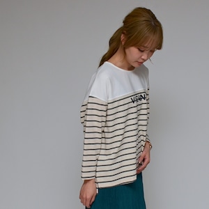 【異素材コンビ】 ドライポンチ×ボーダープルオーバー ‐ LER-2628 オフ×ベージュ ‐