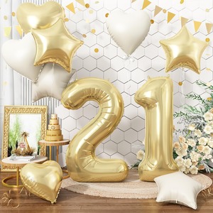【在庫処分】誕生日 バルーン 風船セット 飾り付け 21歳 大きい数字 ナンバー21 ハート 星 スター アルミ風船 10個セット バースデー 飾り 記念日 お祝い パーティー 女の子 男の子 ライトゴールド