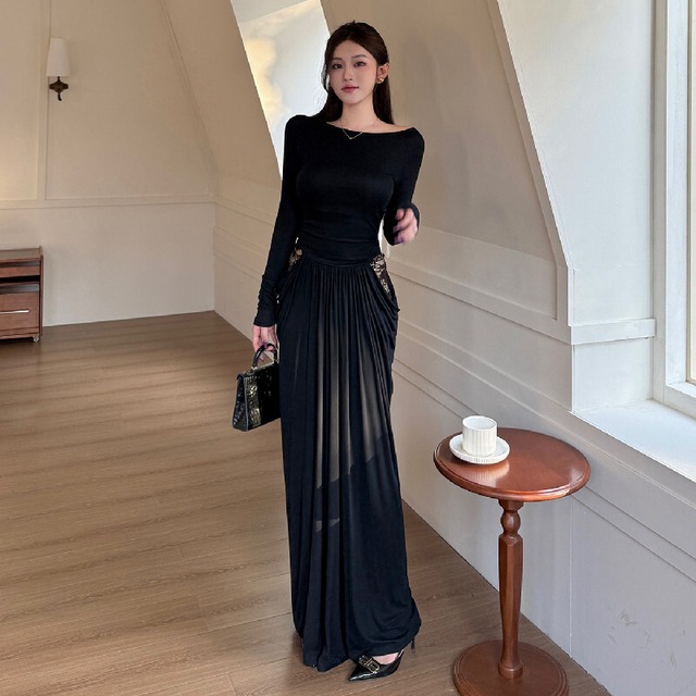 ロングワンピース レース フィットウエスト 長袖 ブラック S M L