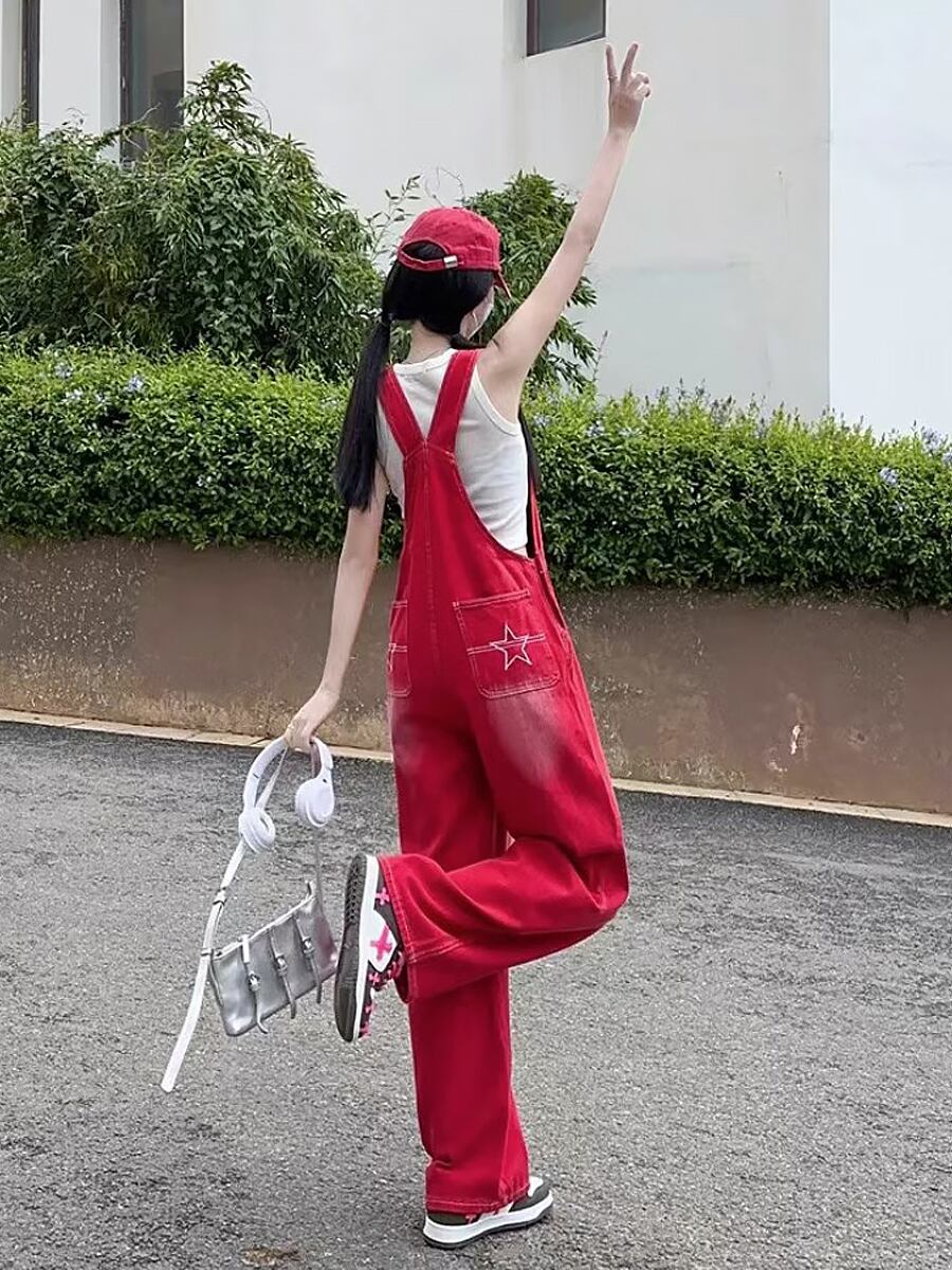 全3色 刺繍入りカラーデニムオーバーオール つなぎ デニム サロペット