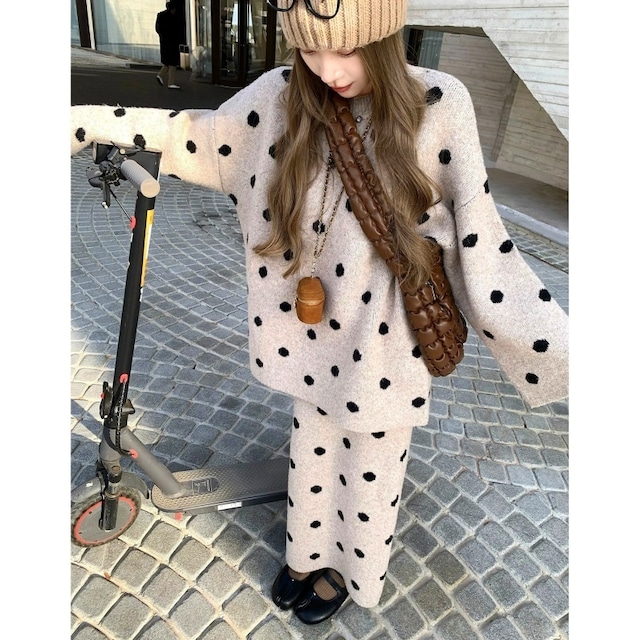 SET◆Polka dot knit skirt setup　M1854