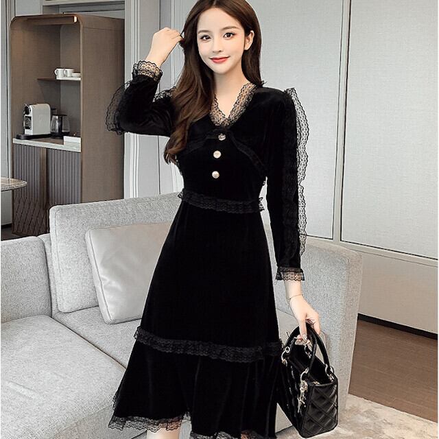 ワンピース レディース ベルベット ひざ下丈 長袖 レース 金ボタン フレア Aライン おしゃれ かわいい フェミニン お呼ばれ 卒業式 入学式 謝恩会 パーティ 結婚式 ブラック S/M/L/XL