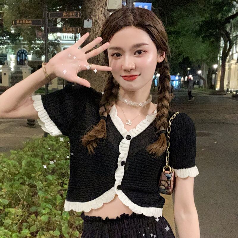 ブラックニットショートサマー薄手カーディガンハイウェストウェストトップス ドレス 夏物 スーパーモール94712361382