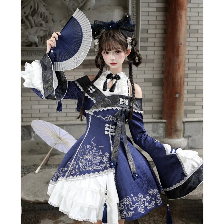 中国ロリィタ ロリータファッション 中華ロリ ネイビー×白 鳳凰刺繍ボレロJSK2点