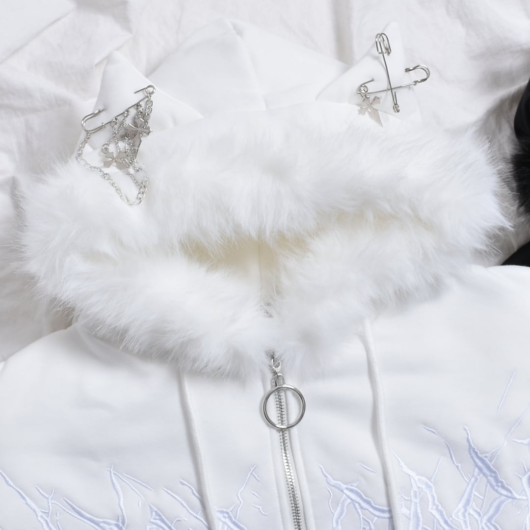 12/15新着】サブカル刺繍☆ネコ耳フードファーZIPパーカー(裏起毛