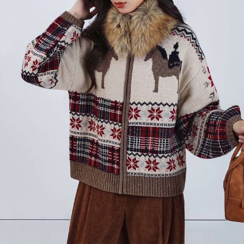 【outer】ファー付きニットカーディガン Q7611