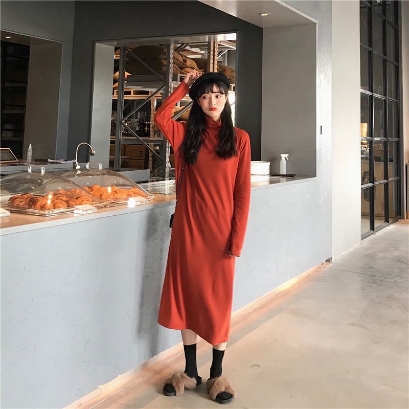 ベルベット ハイネック ロングワンピース ベロア ロング丈 カジュアル