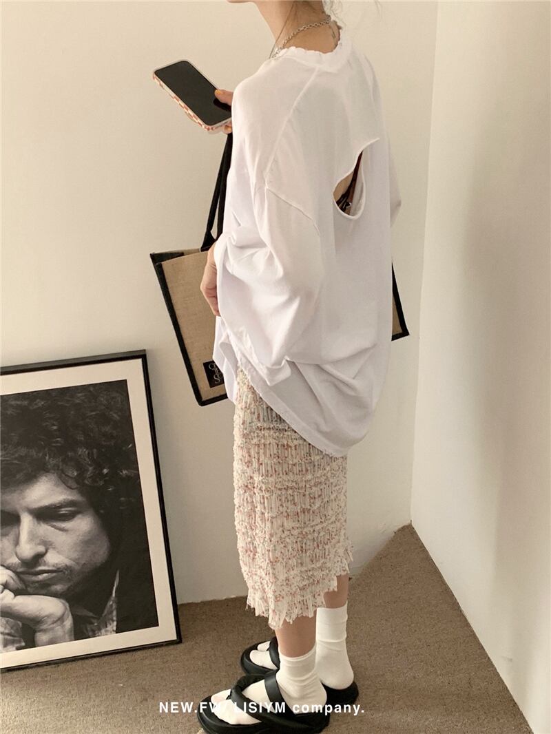 ホワイトルーズTシャツ シャツ スプリングオータム薄手トップス ロング 春物 秋物 モンロー77702334801