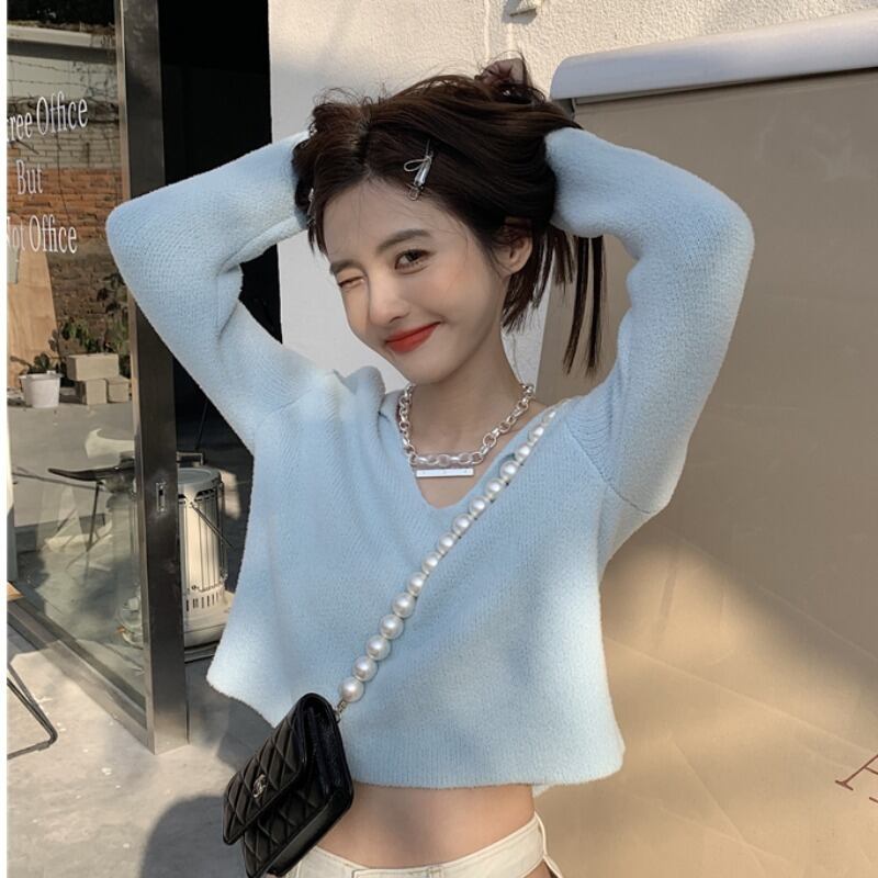 セーター ブルーVネックプルオーバー ショートニットジャケット ウィンター 冬物 YY-ファッション40622567620