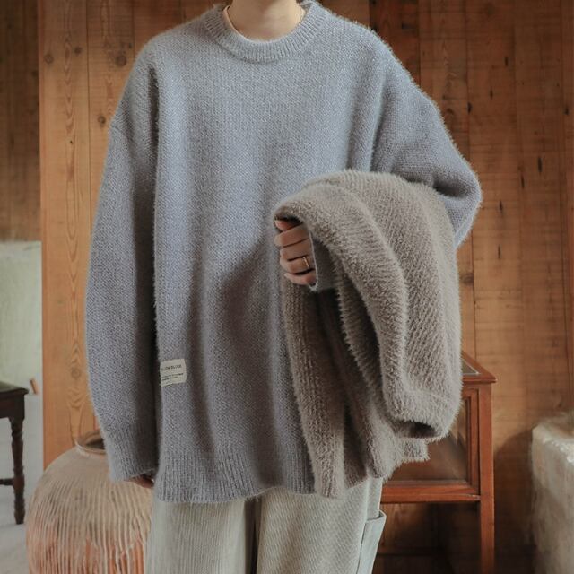 予約販売】ニット セーター オーバーサイズ モヘア タグ ルーズ 無地