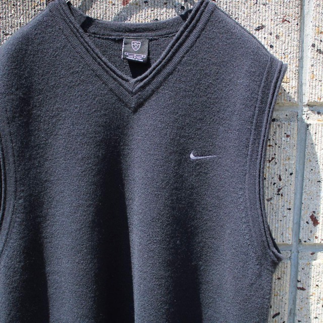 【Lサイズ】00's NIKE GOLF 前後ロゴ刺繍 黒 古着 ウールベストセーター
