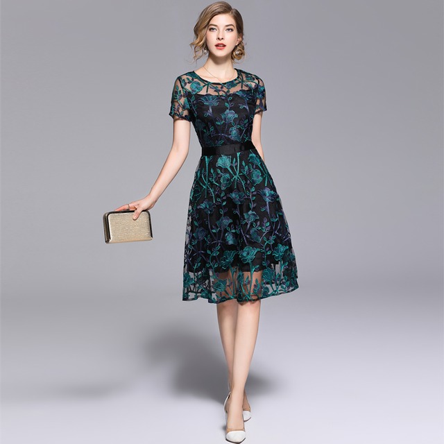 パーティードレス グリーン 上品 花柄 レース 膝丈 袖あり 同窓会 結婚式 代 30代 パーティー お呼ばれ 二次会 謝恩会 ピアノ演奏会 大人 D021 Hollys Design