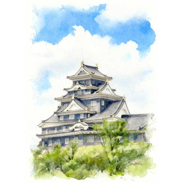 絵画 風景画 日本の 城 岡山県 岡山城 インテリアアート額付き 水彩画風 WAT1674