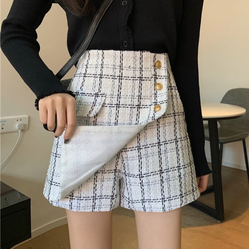 スタンダードツィード格子柄パンツ オータムウィンタースタイルハイウェストウェストショーツ スカート 薄手カジュアル レトロ 秋物 冬物 ブルマー YY-ファッション98626598522
