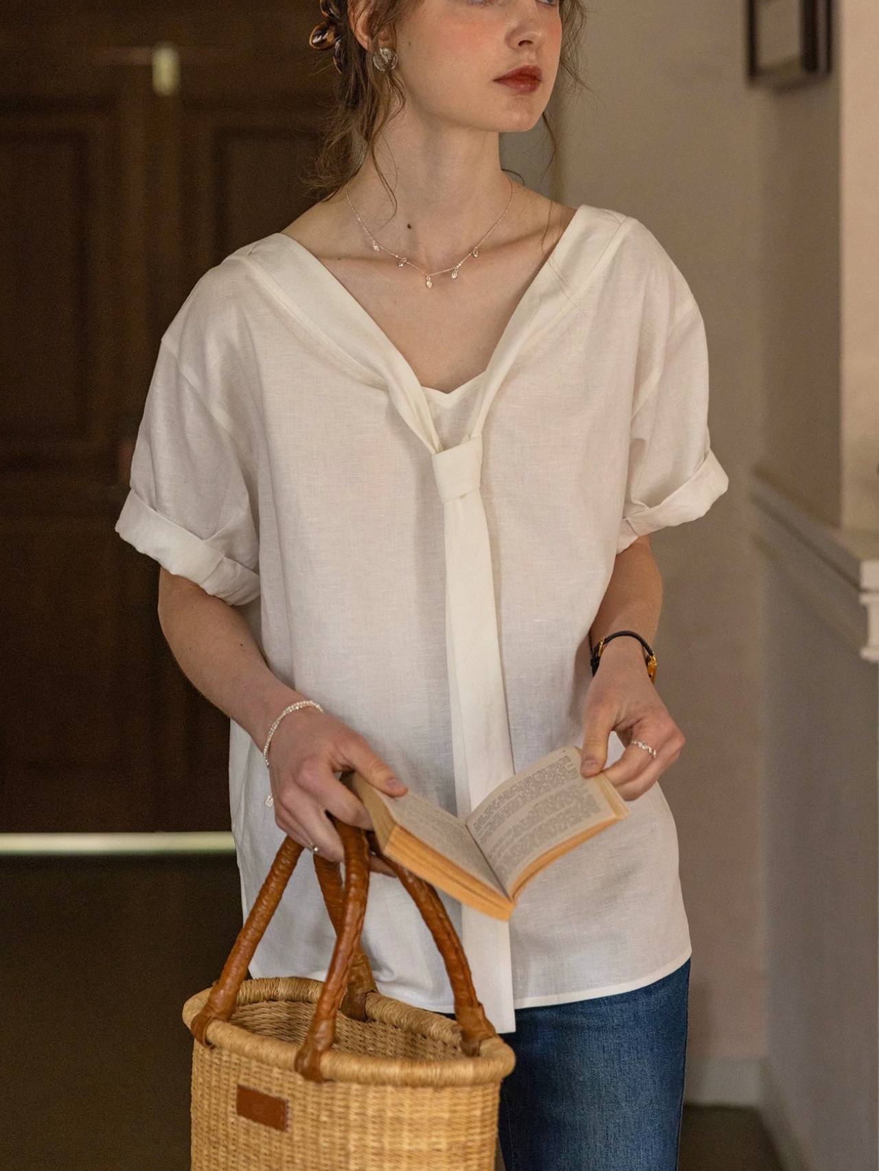 Lueur Boat Neck Tie Blouse F0774