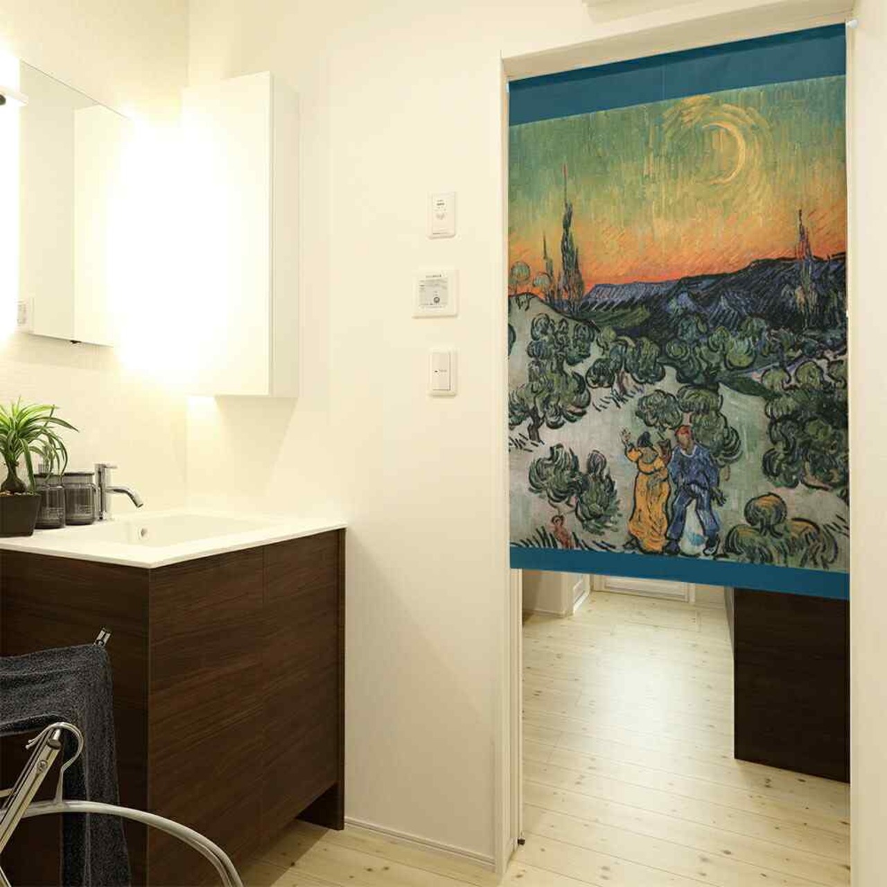 【受注生産】【のれん】ゴッホ 歩くカップルと三日月のある風景  幅85ｘ丈120cm 91688