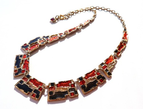 70s vintage gold orange black enamel necklace