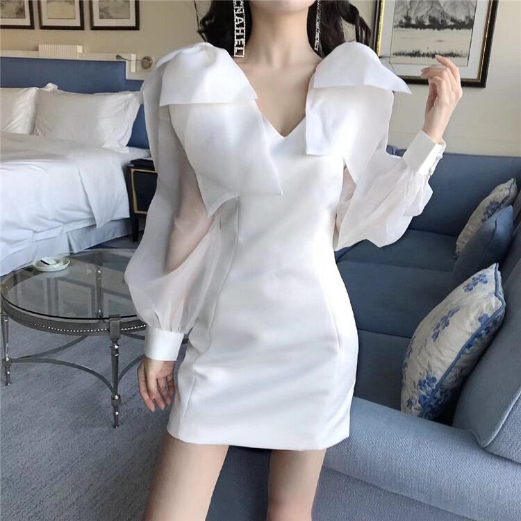 【待望の再入荷です!】 ミニスカート タイドブランド レディ 蝶結び Vネック ランタンスリーブ ワンビース