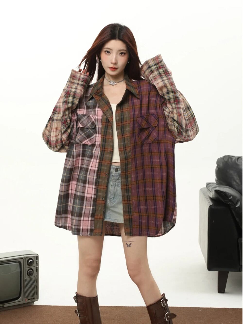 VIOLETTE ROOM ロングシャツ チェック リメイク製品 通年 ROJ