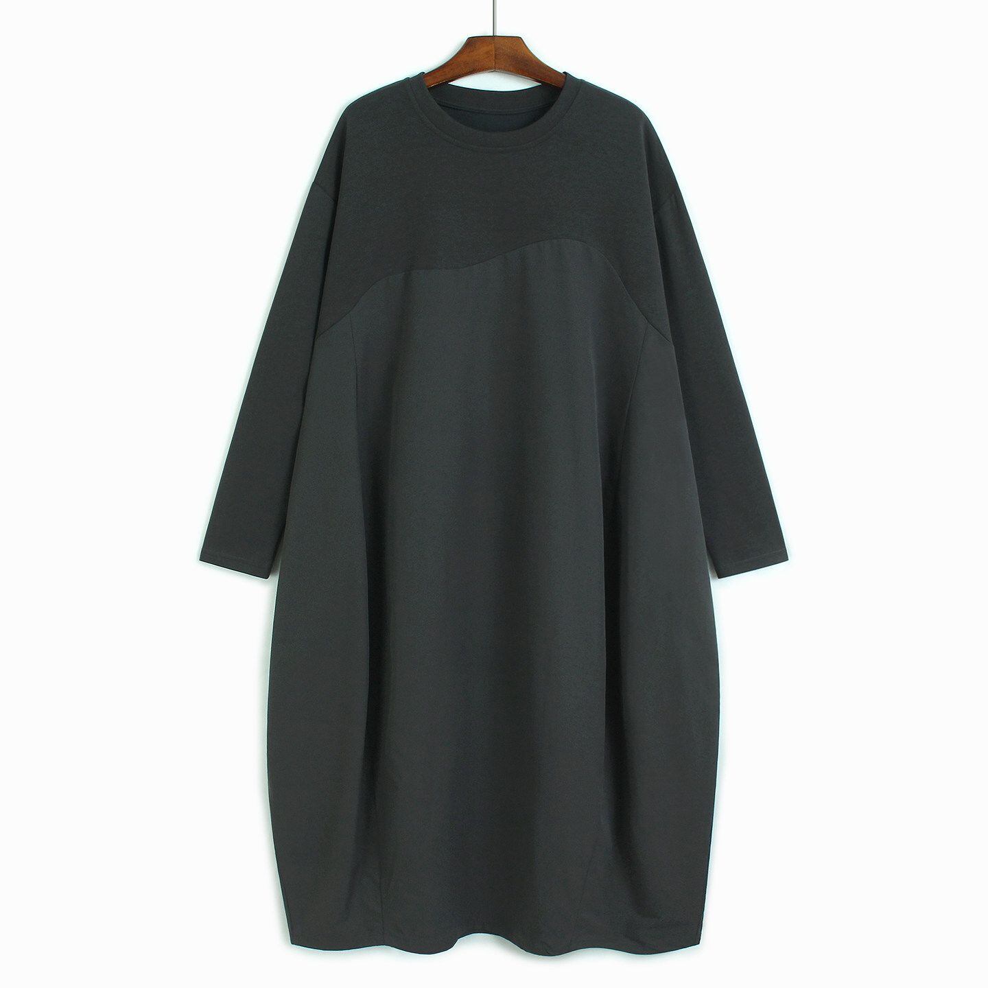 RELAXED CONTRAST LONG SLEEVE LOOSE MIDI DRESS M-18504