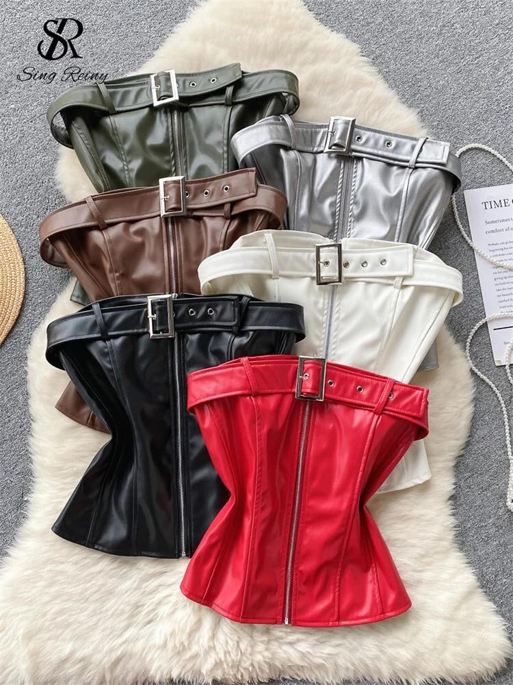 SINGREINYストラップレザーPUミニトップス女性用シックなバックレスタンクジッパー付きベルトスリムデザインクラブファッションセクシーキャミソール_366