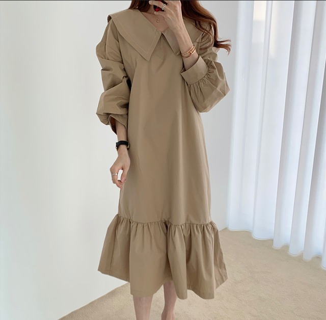 セーラーカラーワンピース 膝下 Aラインドレス ブラックワンピース ワンピース 膝下 袖あり 長袖 パブスリーブ 襟付き ビッグカラー Vネック マーメイド かわいい 大人可愛い 大人 おしゃれ お洒落 かっこいい 大人可愛い エレガント 無地 チェック柄10代 20代 30代 レディース 女性用 デート お出かけ 女子会 インスタ映え 春 秋 冬 1.5次会 パーティ ハロウィン クリスマス 舞台 撮影 S M L XL ブラック カーキ