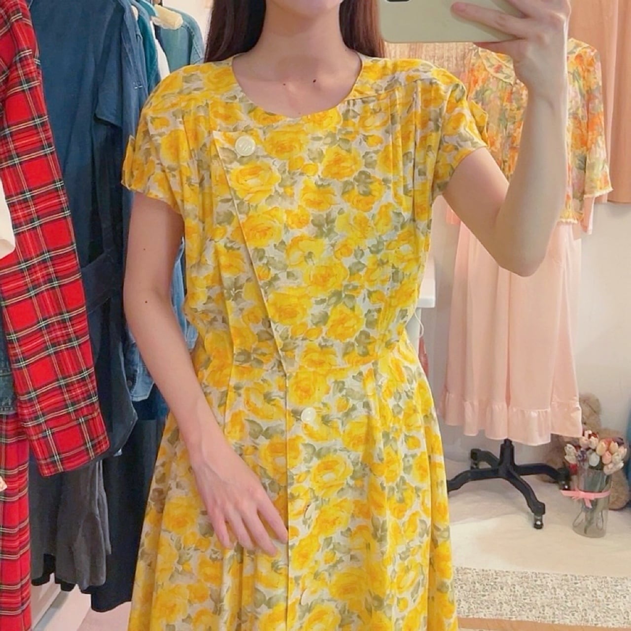 yellow rose white button one-piece