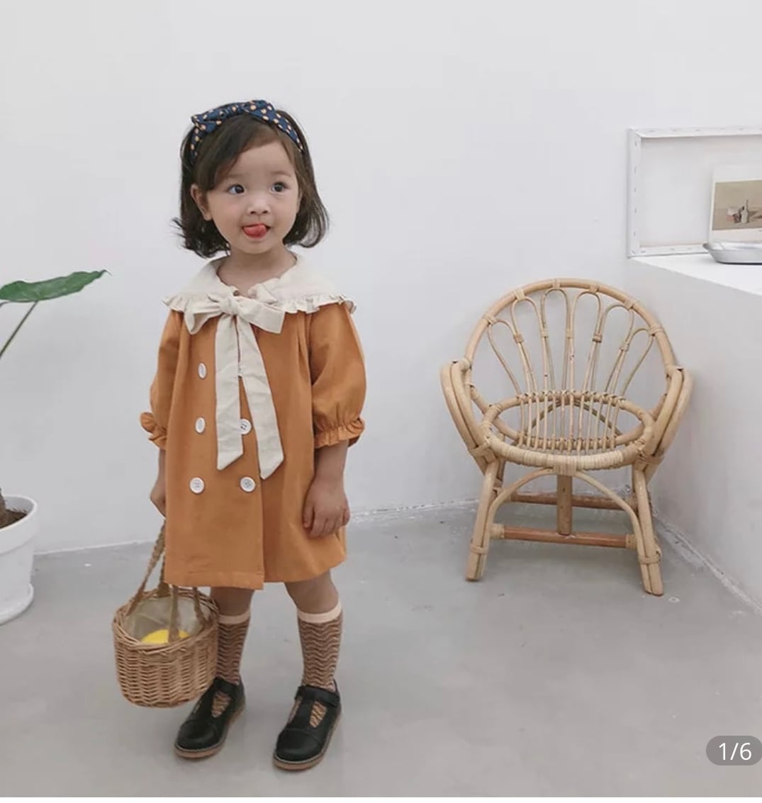 フリル襟ビックシルエットワンピース》》》》》》ワンピース リボン 海外子供服 韓国 女の子 キッズファッション ドレス ナチュラル プチプラ