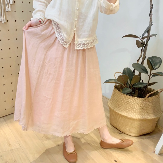 裾刺繍ギャザーリネンフレアスカート ・11968