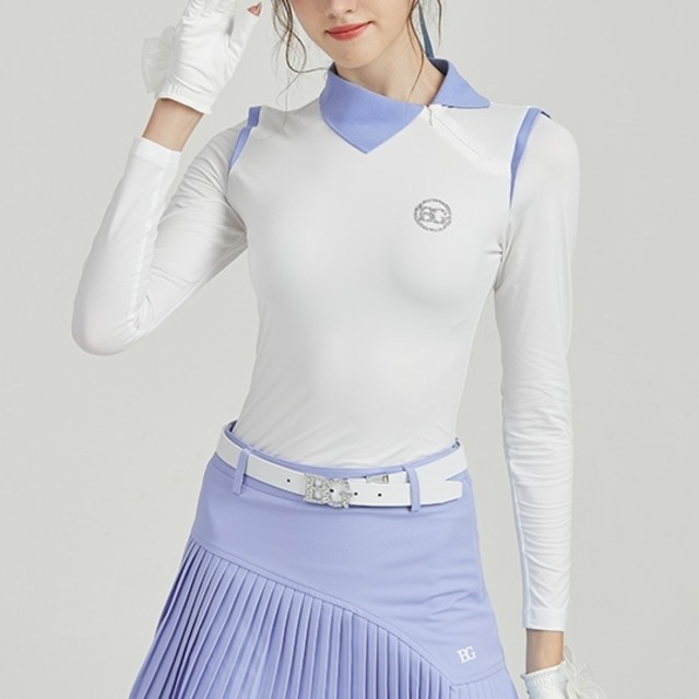 ブルー×ホワイト　長袖トップス　斜め襟