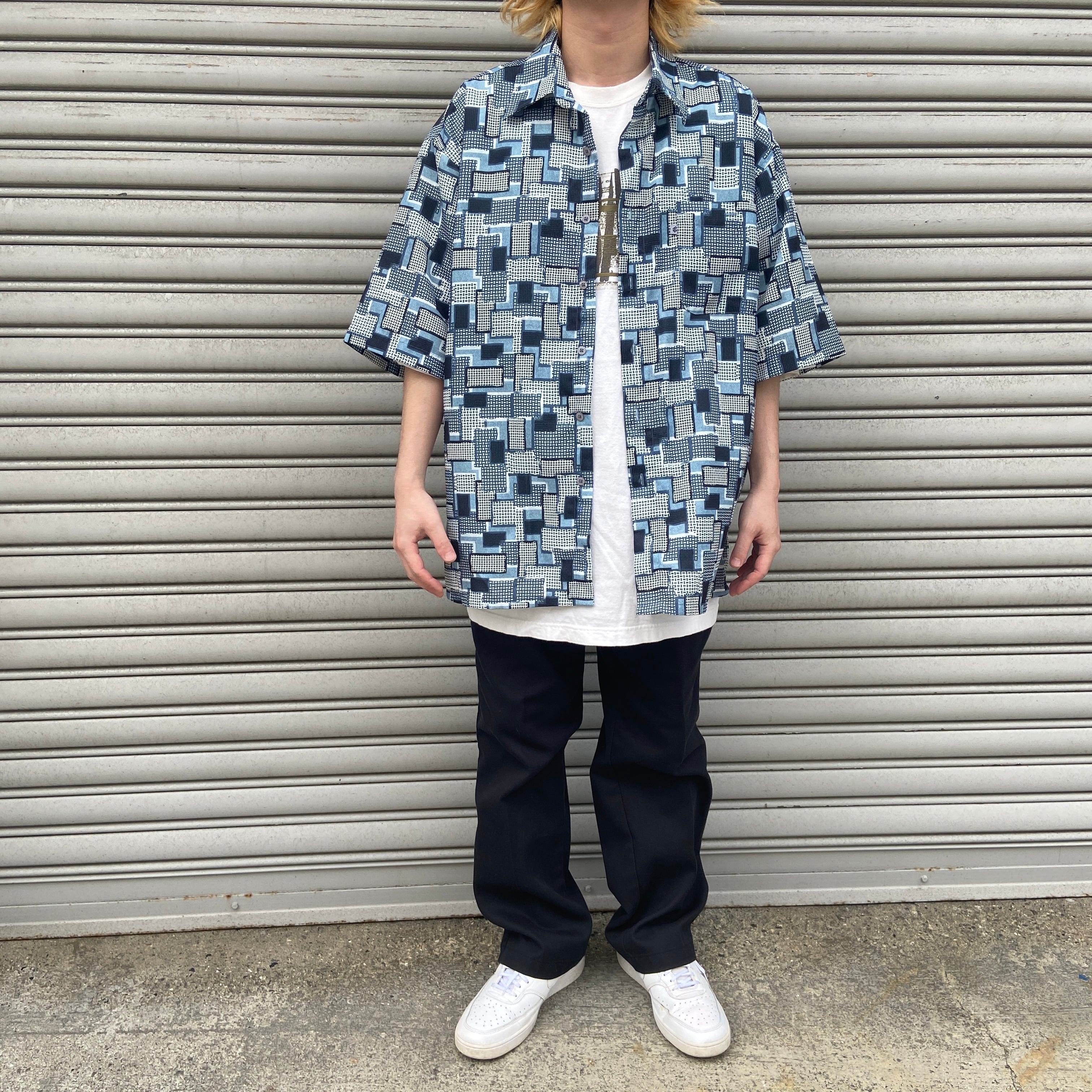 ROCAWEAR ロカウェア 総柄半袖シャツ ビッグシャツ ネイビー L | 古着
