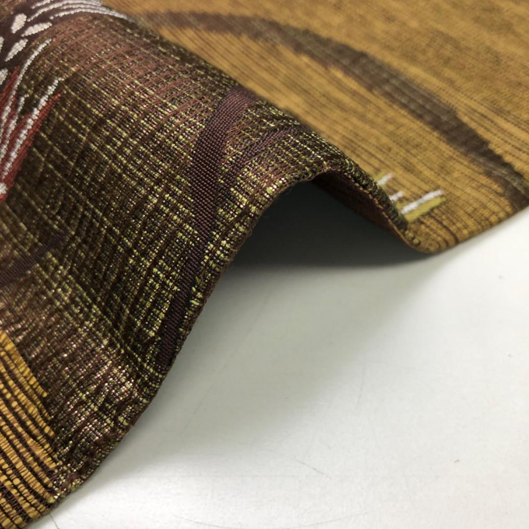 袋帯 西陣 三幸織物 証紙付 紙風染 麦 曲線模様 国防色 O-5648