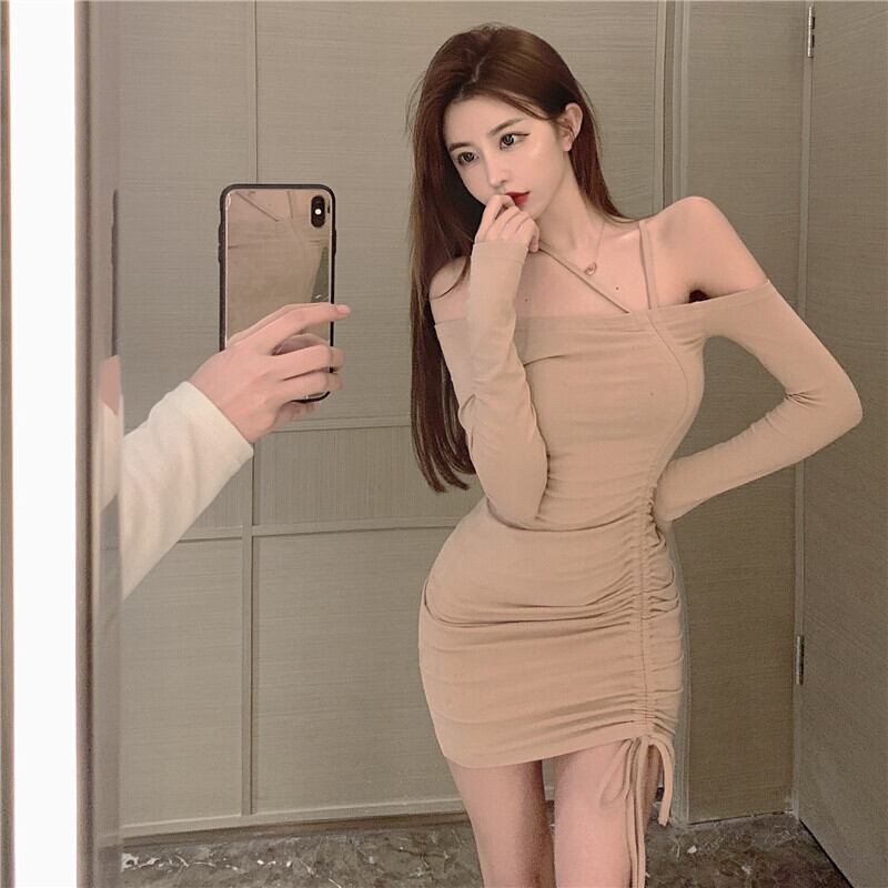 ワンショルダーハンギングネックカーキドレス女性初秋セクシータイトフィットヒップスカート2020新気質スカート ブラックストロベリース5950095621