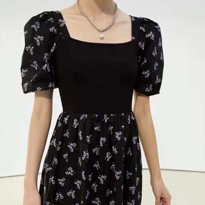 フレンチスクエアネックフローラルパフスリーブティーブレイクドレスop252001