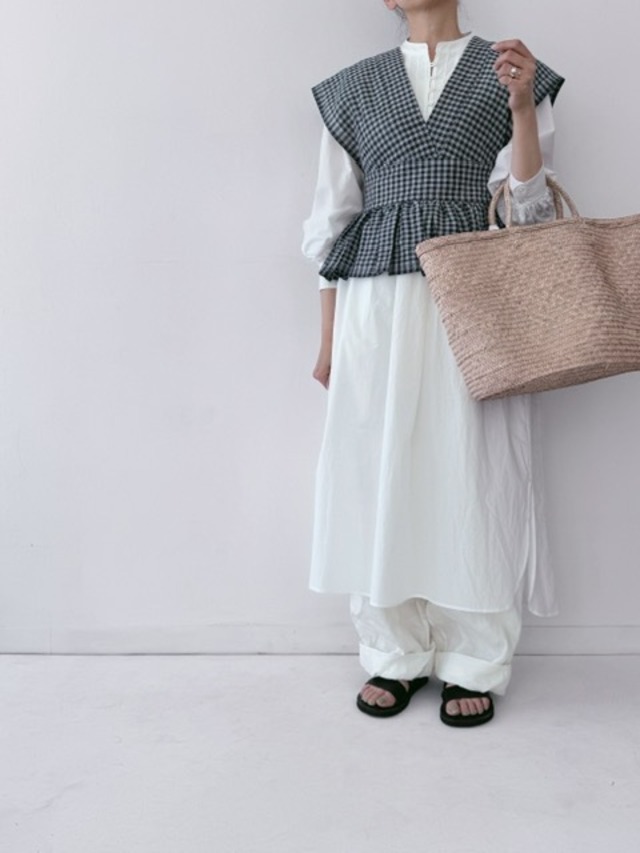 BUNON / khadi linen cotton gingham check ribbon gilet