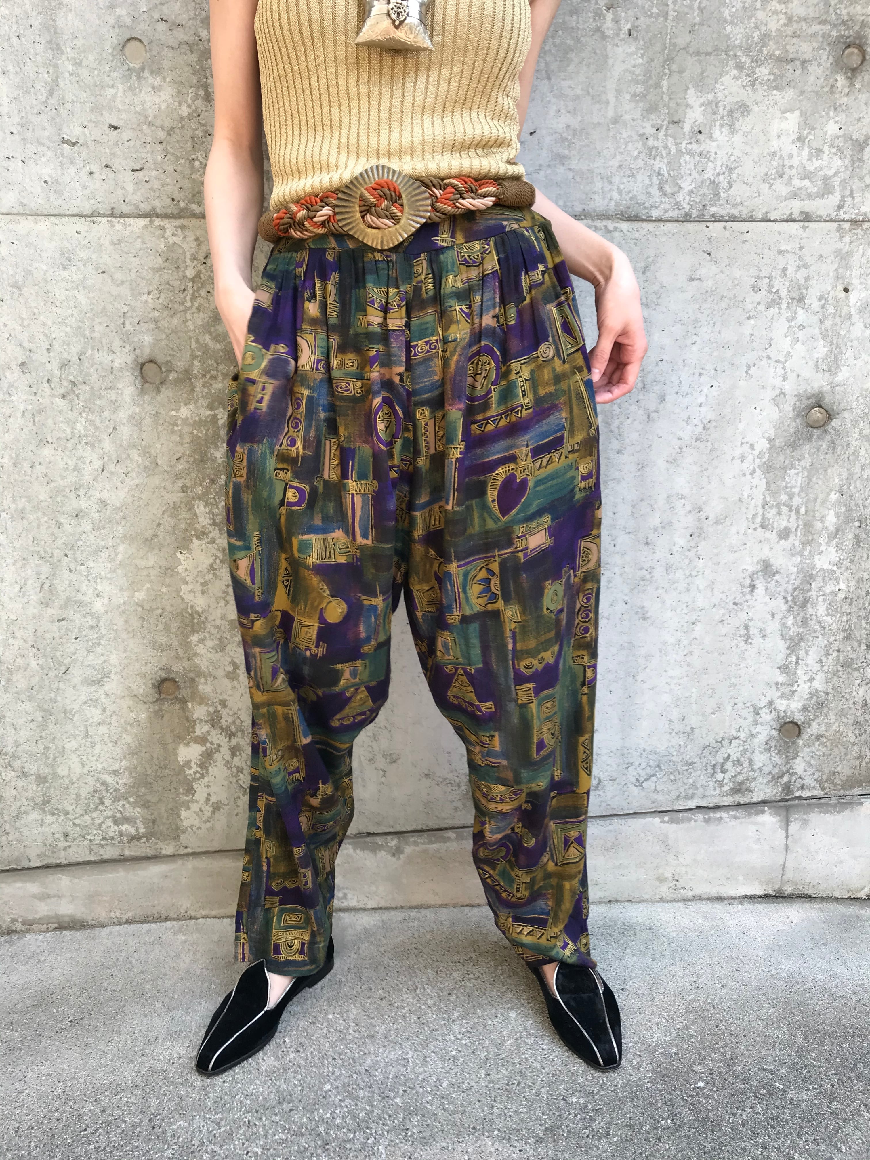 80s purple × gold geometric × heart rayon pants ( ヴィンテージ パープル × ゴールド ハート × ジオメトリック  レーヨン パンツ