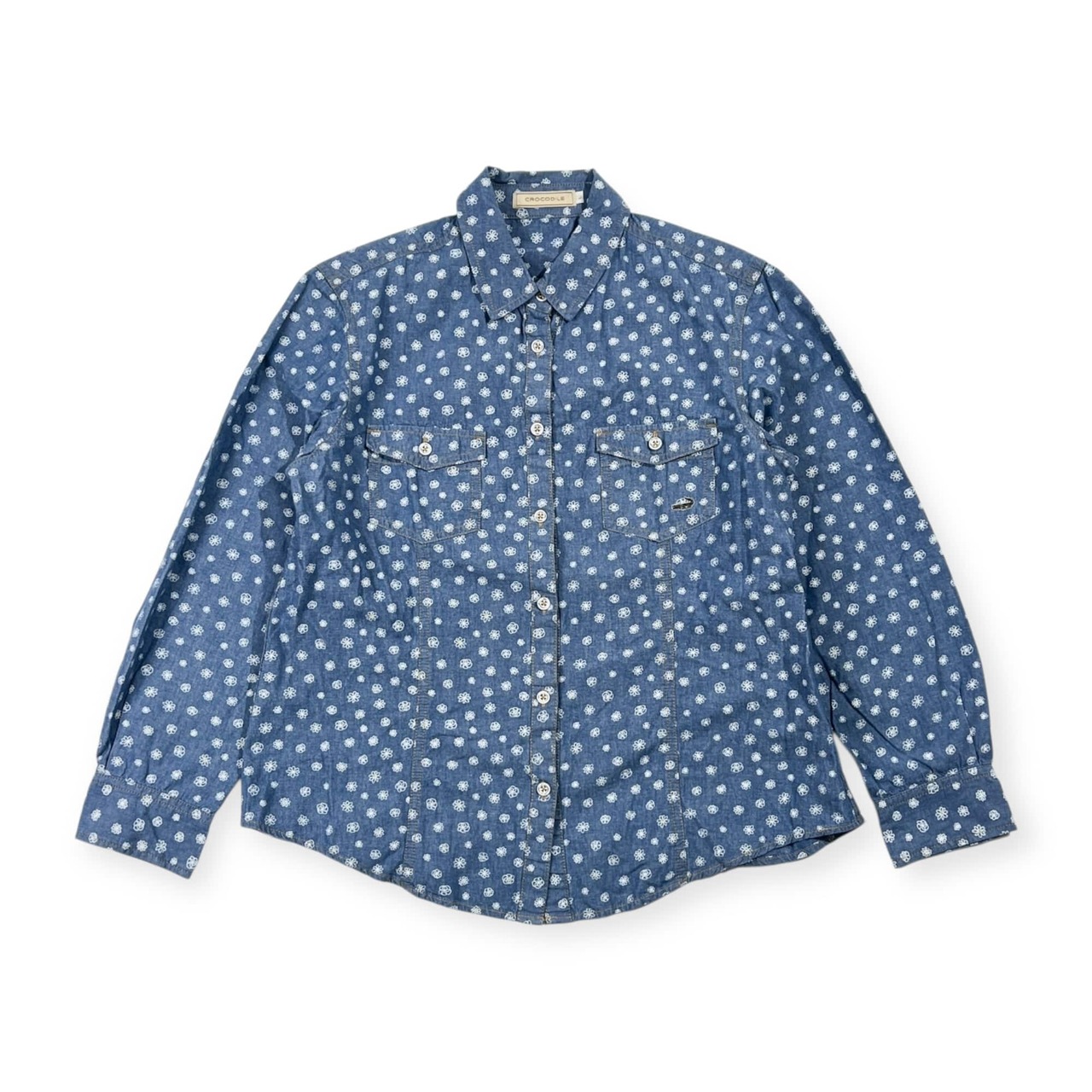 CROCODILE クロコダイル 花柄 総柄 シャンブレー 長袖シャツ Lブルー系 レディース