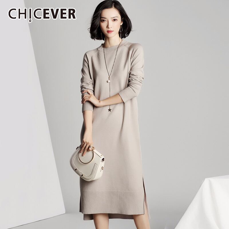 CHICEVERパッチワークドレス女性Oネック長袖サイドスプリット非対称ニットドレス2020 ロング 6base530075289562