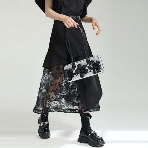 sheer lace asymmetry skirt / l0818