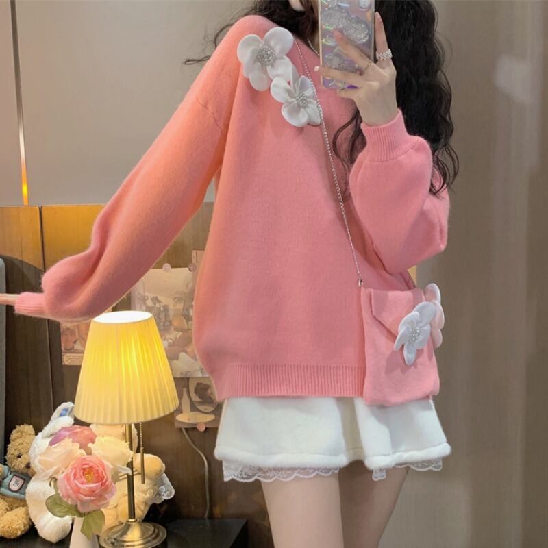 ルーズセーター レディースオータムウィンターニットブラウス 秋物 冬物 フラワーデザイン 萌量不足86783315052